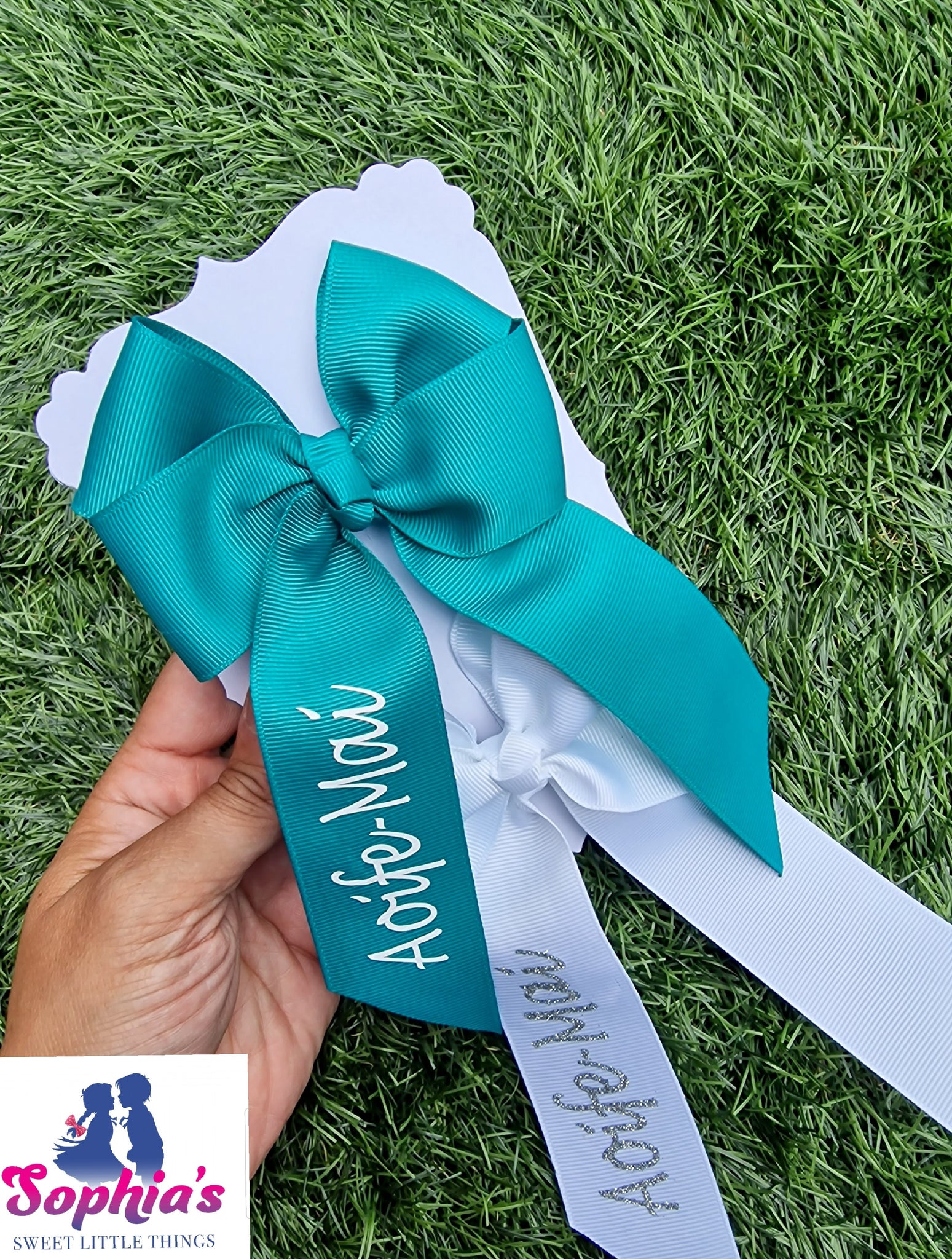 Teal & White Personalised Tails down Bows
