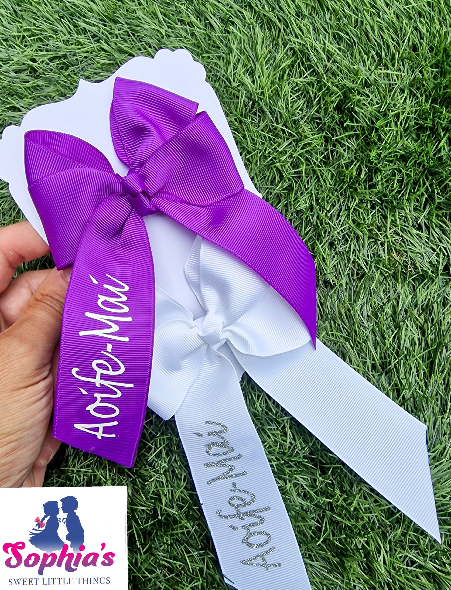Purple & White Personalised Tails down Bows