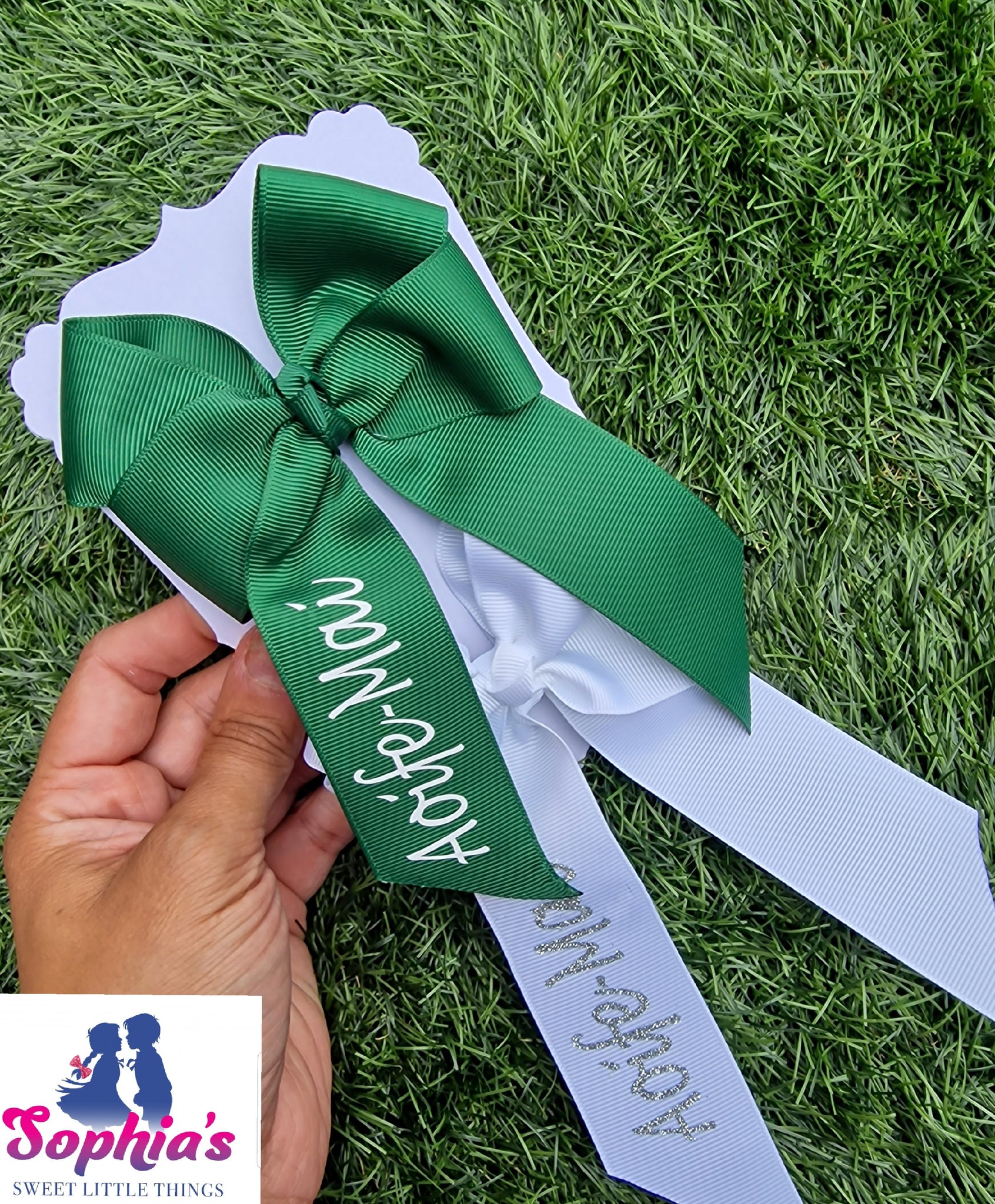 Green & White Personalised Tails down Bows