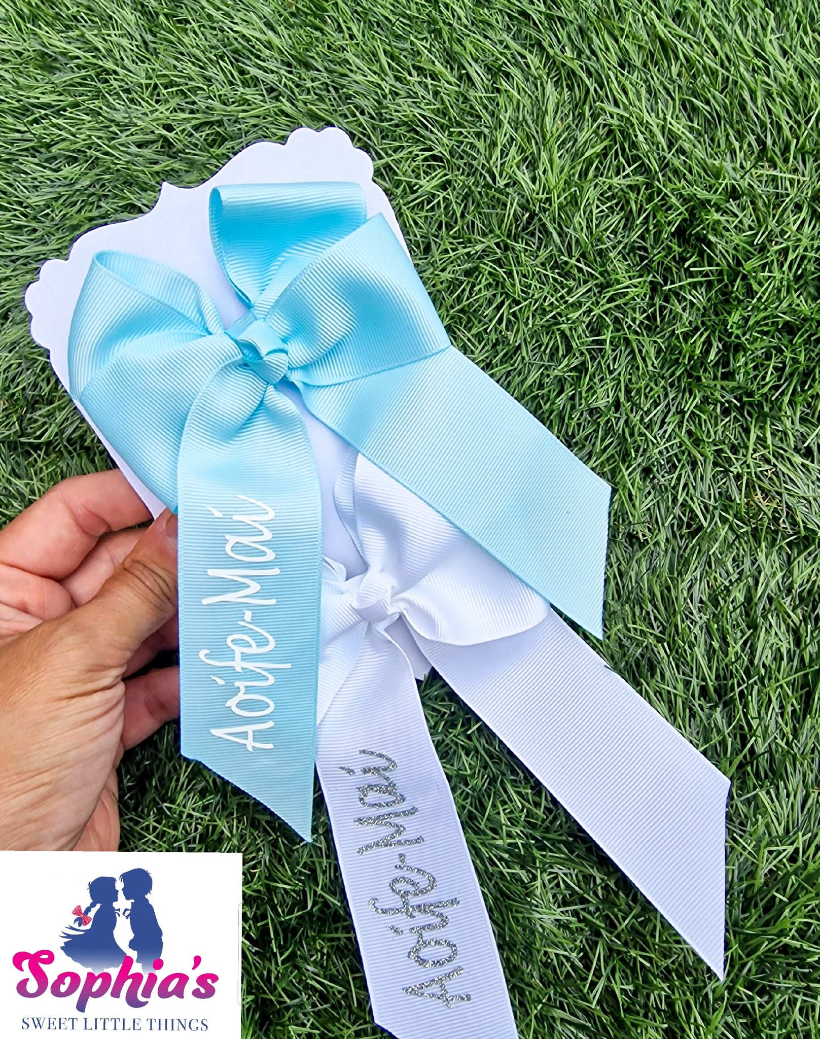 Baby Blue & White Personalised Tails down Bows