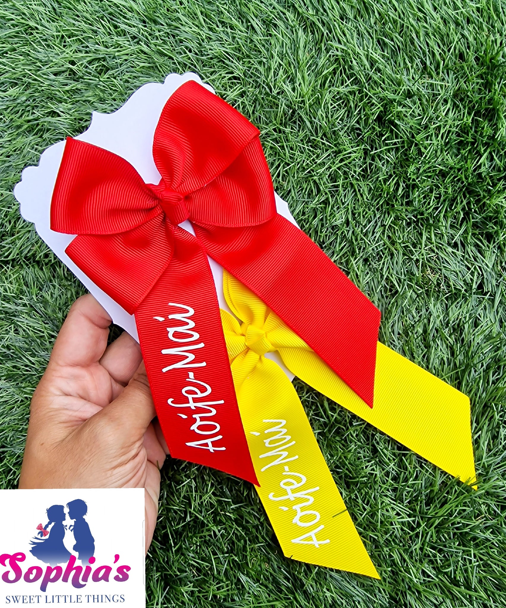 Red & Yellow Personalised Tails down Bows