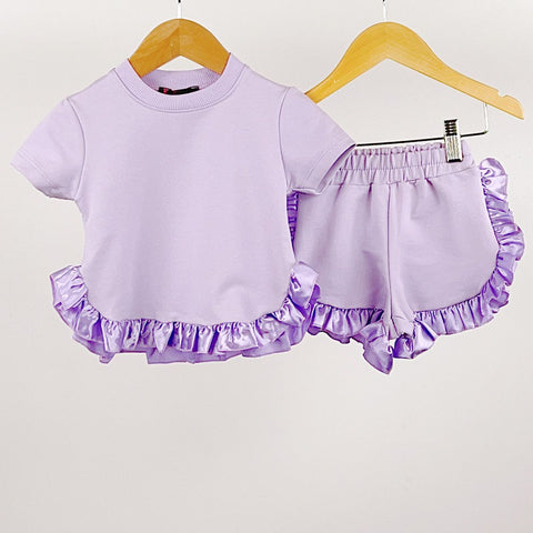 Lilac Satin Frilled Hem Tshirt & Short Set (Younger)