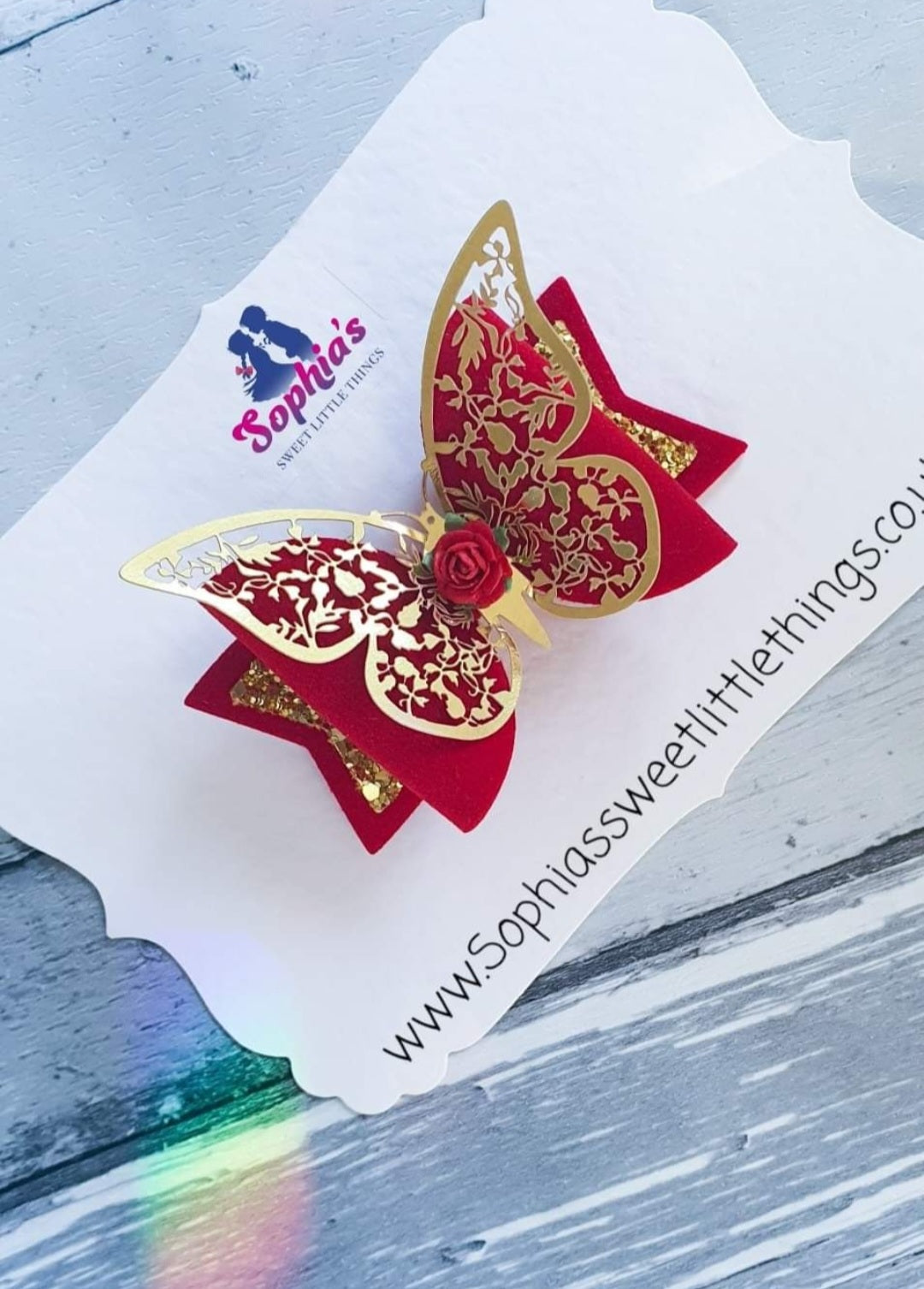 Red/Gold 3D Butterfly Bow (Receive FREE Coronation Bow)
