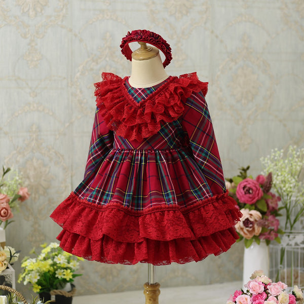 Vintage Autumn Christmas Lace Tartan dress and headband